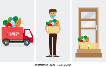 food safe delivery service, online order tracking, courier delivering grocery order to the home of customer with mask, vector illustration