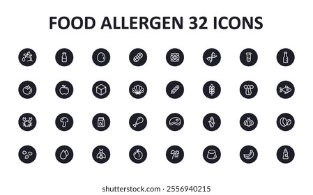 Food safety allergy icons set. 32 food ingredients that must be declared as allergens. Useful for restaurants and meals.