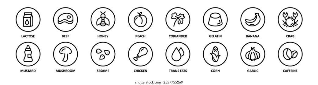 Food safety allergy icons set. Food ingredients that must be declared as allergens. Useful for restaurants and meals.