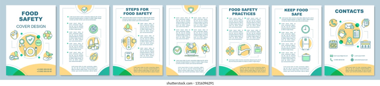 Food safety brochure template layout. Eco products. Flyer, booklet, leaflet print design with linear icons. Healthy nutrition. Cooking. Vector page layouts for magazines, reports, advertising posters