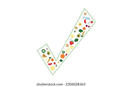 Food safety concept vector illustration. A lot of foods (carrot, avocado, fish, tomato, chicken, egg, strawberry, cherry, orange, lemon, olive, bread cheese) in the green check mark. 