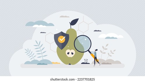 Food safety control with hygiene checking and inspection tiny person concept. Hazard and poisoning awareness for safe grocery consumption vector illustration. Health disease prevention from bacteria.