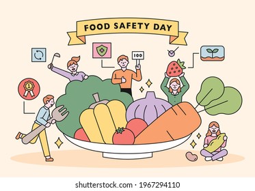 Food Safety Day. Customers looking for healthy and safe food with fresh vegetables on a huge plate. flat design style minimal vector illustration.