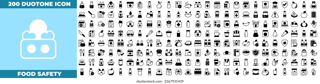 Food Safety Duotone Editable Icons set. Vector illustration in modern thin Duotone style of food safety icons: sticker, label, emblem, stamp, symbol, green, etc