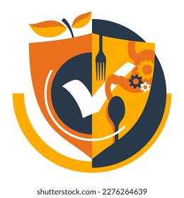 Food safety emblem - scientific discipline that prevent food-borne illness. Cooperation of handling, preparation, and storage of food. Isolated modern vector pattern