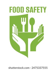 Food safety emblem - scientific discipline that prevent food-borne illness. Cooperation of handling, preparation, and food storage. Flat sign with hands, fork, plate and spoon