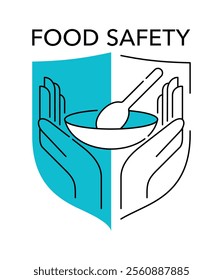 Food safety emblem - scientific discipline that prevent food-borne illness. Cooperation of handling, preparation, and storage of food. Isolated modern icon with hands, plate and spoon