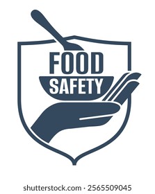 Food safety emblem - scientific discipline that prevent food-borne illness. Cooperation of handling, preparation, and storage of food. Shield with hands, plate and spoon