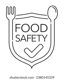 Food safety emblem in thin line - scientific discipline that prevent food-borne illness. Cooperation of handling, preparation, and storage of food. Isolated modern vector emblem with hands, fork