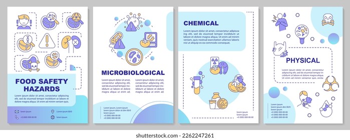 Food safety hazards blue gradient brochure template. HACCP system. Leaflet design with linear icons. 4 vector layouts for presentation, annual reports. Arial-Bold, Myriad Pro-Regular fonts used