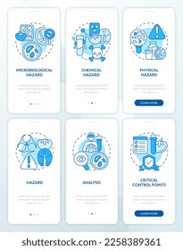 Food safety hazards and HACCP blue onboarding mobile app screens set. Walkthrough 3 steps editable graphic instructions with linear concepts. UI, UX, GUI template. Myriad Pro-Bold, Regular fonts used