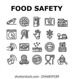 inspeção de higiene de segurança de alimentos ícones de inspeção definir vetor. inspeção de contaminação, bactérias de regulação, alérgenos patógenos, contaminação inspeção de higiene de segurança de alimentos ilustrações contorno preto