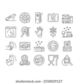 food safety hygiene inspection icons set vector. contamination inspection, regulation bacteria, pathogens allergens, contamination food safety hygiene inspection black contour illustrations