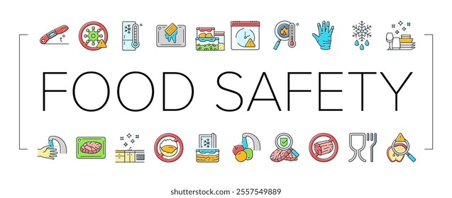 food safety hygiene inspection icons set vector. contamination inspection, regulation bacteria, pathogens allergens, contamination food safety hygiene inspection color line illustrations