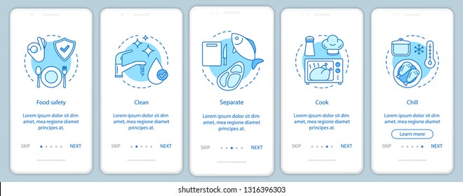 Food Safety, Hygiene Onboarding Mobile App Page Screen Template. Food Processing, Handling, Storage. Clean, Separate, Cook, Chill. Walkthrough Website Steps. UX, UI, GUI Smartphone Interface Concept