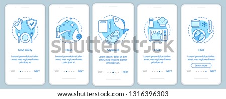 Food safety, hygiene onboarding mobile app page screen template. Food processing, handling, storage. Clean, separate, cook, chill. Walkthrough website steps. UX, UI, GUI smartphone interface concept