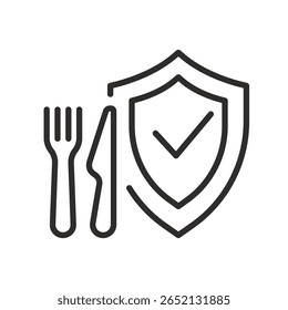 Ícone de segurança alimentar. Ilustração de vetor linear. Escudo com garfo e faca. Norma de qualidade alimentar. Símbolos simples. Produto puro ecológico. 