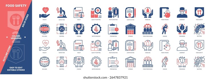 Food safety icon set. Freshness, Hygiene, Preparation, Quality Control, Handling, Disease, Bacteria, Pasteurization. Duotone color solid and editable outline icons