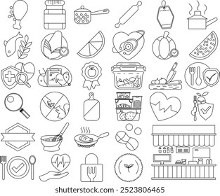 Food safety icon set for logo and T-Shirt. Thin line art editable stroke.