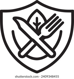 food safety icon, shield with fork and knife, ecological pure product, thin line symbol