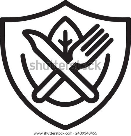 food safety icon, shield with fork and knife, ecological pure product, thin line symbol