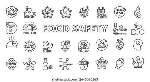 Food safety icons in line design. Food safety, hygiene, contamination, inspection, quality control, sanitation, safe food on white background vector. Food safety editable stroke icons