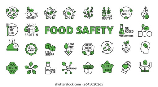 Food safety icons in line design green. Food safety, hygiene, contamination, inspection, quality control, sanitation, safe food on white background vector. Food safety editable stroke icons