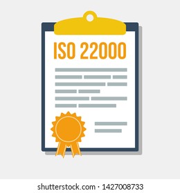 food safety management system certificate in clipboard, flat vector illustration