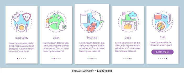 Food safety onboarding mobile app page screen template. Food processing, handling, preparation and storage. Foodborne disease prevention. Walkthrough website steps. UX, UI, GUI smartphone interface