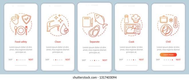 Food safety onboarding mobile app page screen template. Food processing, handling, preparation and storage. Clean, separate, cook, chill. Walkthrough website steps. UX, UI, GUI smartphone interface