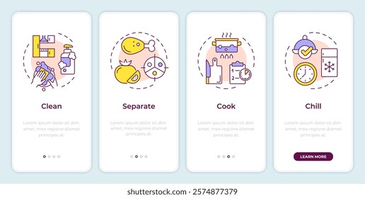 Food safety onboarding mobile app screen. Processing, use. Walkthrough 4 steps editable graphic instructions with linear concepts. UI, UX, GUI template