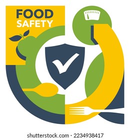 Food safety pattern - scientific discipline that prevent food-borne illness. Cooperation of handling, preparation, and storage of food. Isolated modern vector emblem