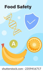 Food safety poster. Genetic expertise and analysis of composition of fruits. Banana with orange slice and DNA structure. Safety and healthy lifestyle. Cartoon flat vector illustration