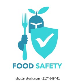 Food safety - scientific discipline that prevent food-borne illness. Knight with shield and fork instead of sword Isolated modern vector emblem