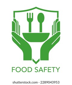 Food safety - scientific discipline that prevent food-borne illness. Cooperation of handling, preparation, and storage of food. Isolated modern vector emblem with hands, fork, plate and spoon