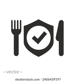 food safety tested in laboratory icon, ecological pure product, shield with fork and knife, flat vector illustration
