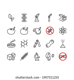 Food safety vector icons. Set of ingredient warning label icons. Genetically modified organism. Common allergens (gluten, soy, sugar) vegetarian and organic symbols. Editable Stroke.