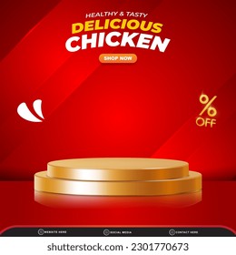 food sale discount square social media post template banner with copy space 3d podium with abstract gradient red background design