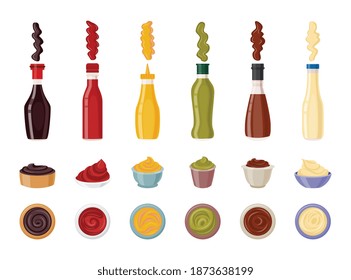 Food sauce and dip set - bottle and serving cup for ketchup, mustard, BBQ and other condiments in containers from top and side view. Flat vector illustration icons