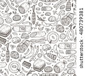 Food. Sausages Seamless pattern. Hand drawn doodle Meat products: Ready sausage, bacon, sliced saveloy, sausage, spicy pepperoni, smoked sausages, stick of salami, baked meatloaf, frankfurters 