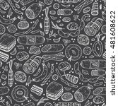 Food. Sausages Seamless pattern. Hand drawn doodle Meat products: Ready sausage, bacon, sliced saveloy, sausage, spicy pepperoni, smoked sausages, stick of salami, baked meatloaf, frankfurters