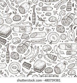 Food. Sausages Seamless pattern. Hand drawn doodle Meat products: Ready sausage, bacon, sliced saveloy, sausage, spicy pepperoni, smoked sausages, stick of salami, baked meatloaf, frankfurters 