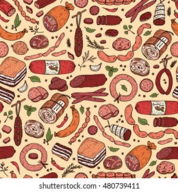 Food. Sausages Seamless pattern. Hand drawn doodle Meat products: Ready sausage, bacon, sliced saveloy, sausage, spicy pepperoni, smoked sausages, stick of salami, baked meatloaf, frankfurters 