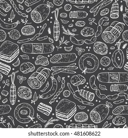 Food. Sausages Seamless pattern. Hand drawn doodle Meat products: Ready sausage, bacon, sliced saveloy, sausage, spicy pepperoni, smoked sausages, stick of salami, baked meatloaf, frankfurters