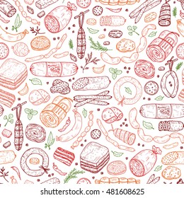 Food. Sausages Seamless pattern. Hand drawn doodle Meat products: Ready sausage, bacon, sliced saveloy, sausage, spicy pepperoni, smoked sausages, stick of salami, baked meatloaf, frankfurters