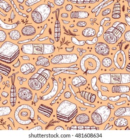 Food. Sausages Seamless pattern. Hand drawn doodle Meat products: Ready sausage, bacon, sliced saveloy, sausage, spicy pepperoni, smoked sausages, stick of salami, baked meatloaf, frankfurters