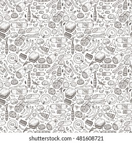 Food. Sausages Seamless pattern. Hand drawn doodle Meat products: Ready sausage, bacon, sliced saveloy, sausage, spicy pepperoni, smoked sausages, stick of salami, baked meatloaf, frankfurters