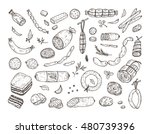 Food. Sausages set. Hand drawn doodle Meat products: Ready sausage, bacon, sliced saveloy, sausage, spicy pepperoni, smoked sausages, stick of salami, baked meatloaf, frankfurters