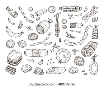 Food. Sausages set. Hand drawn doodle Meat products: Ready sausage, bacon, sliced saveloy, sausage, spicy pepperoni, smoked sausages, stick of salami, baked meatloaf, frankfurters