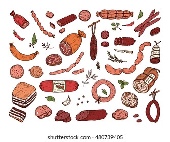 Food. Sausages set. Hand drawn doodle Meat products: Ready sausage, bacon, sliced saveloy, sausage, spicy pepperoni, smoked sausages, stick of salami, baked meatloaf, frankfurters